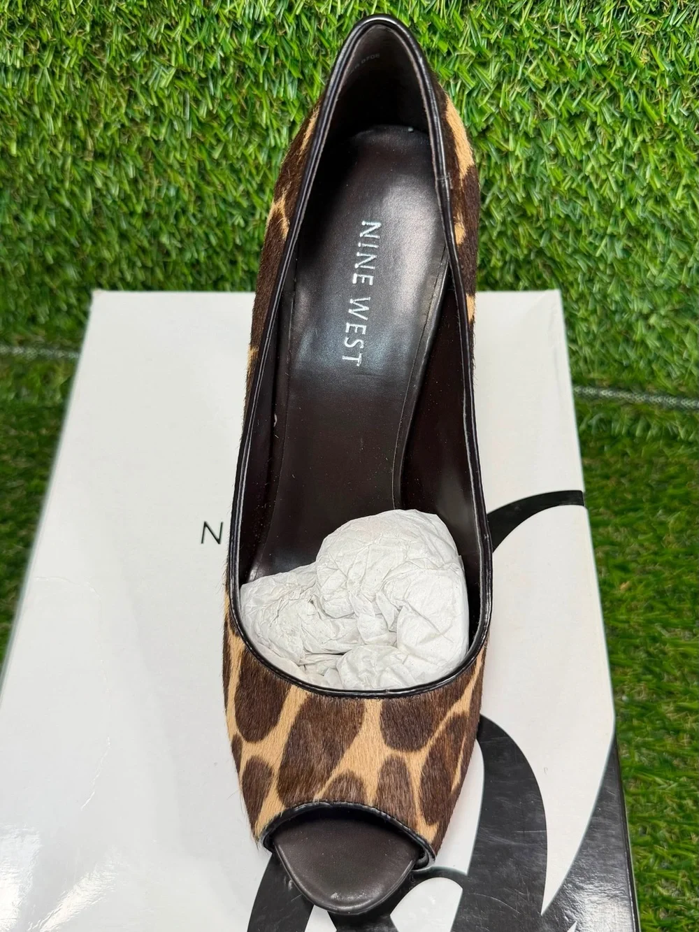 Nine West Liattris Leopard Giraffe Calf Hair Peep Toe Pumps Heels Shoes Box 6.5M